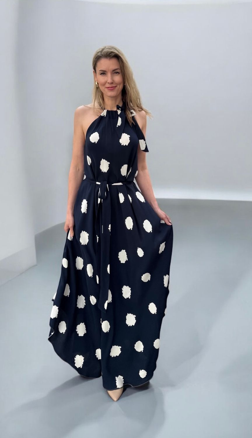 Sommerkleid dunkel-blau-weiss, sehr lang, ALRI by Natia, 100% 3D-Seide, one size, made in Georgia. Handwäsche.