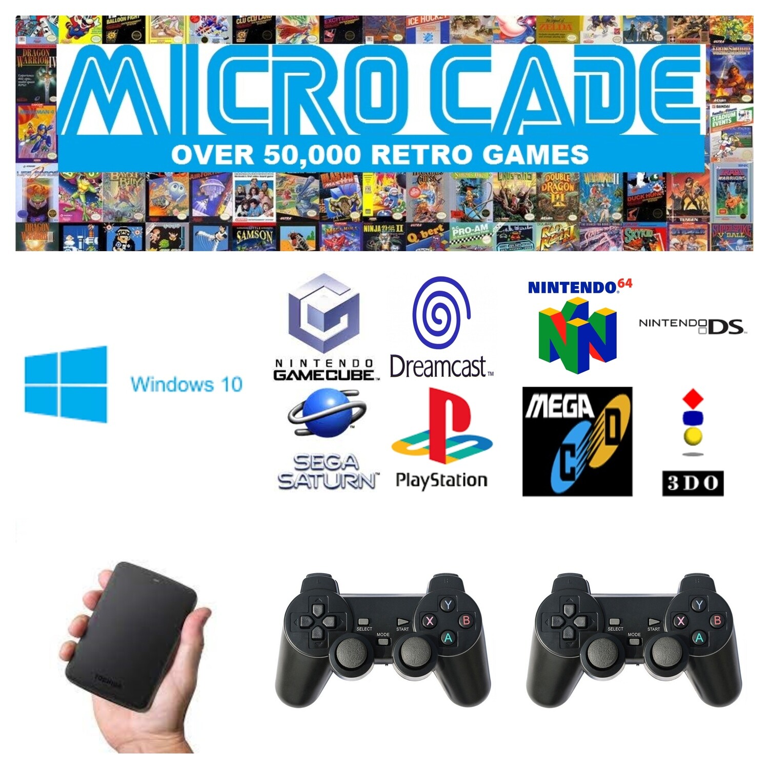 MICRO CADE OVER 35,000 RETRO GAMES WITH 2 X PS CONTROLLERS AND 2 X SNES  CONTROLLERS