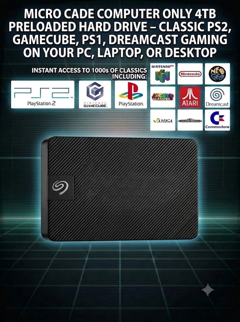 Micro Cade Computer Only 4TB Preloaded Hard Drive – Classic PS2, GameCube, PS1, Dreamcast Gaming on Your PC, Laptop, or Desktop