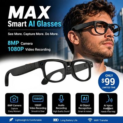 PRE ORDER NOW MAX Smart AI Glasses 8MP Camera 1080P Video Recording Audio Recording AI Object Recognition AI Voice Assistant