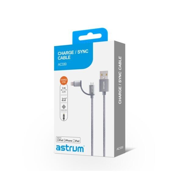 Astrum A53033-H-AC330 2 in 1 Usb to Apple 8 pin Lightning + Micro Usb MFI Cable Braided