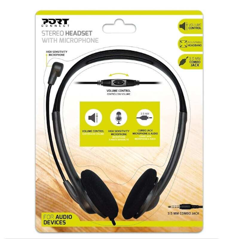 Port  901603  Port Stereo Headset with Mic with 1.2m Cable|1 x 3.5mm|Volume Controller - Black