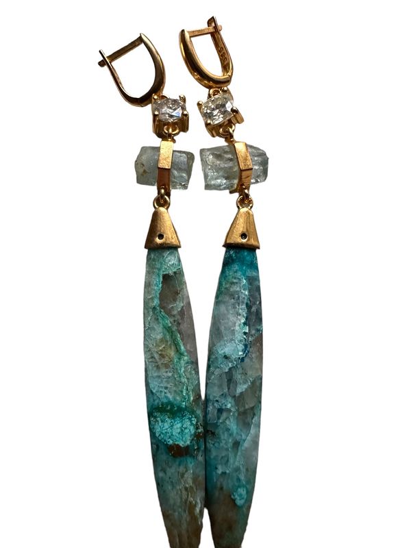 Diamond Aqua and Chrysocolla freeform long earring Diamond Aqua and Chrysocolla freeform long earring