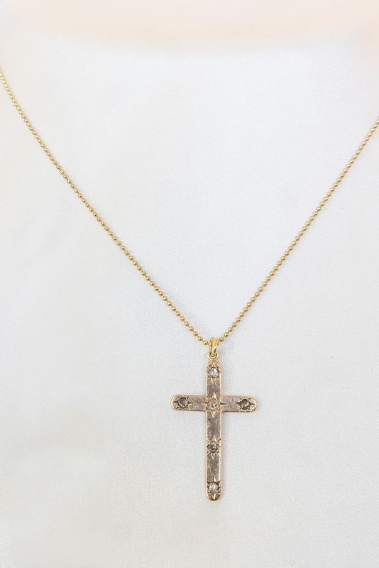 18K Yellow Gold Reimagined Antique Rose Cut Diamond Cross Necklace