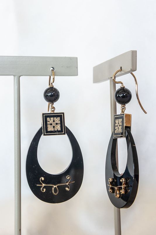 18k Yellow Gold Victorian Onyx Hoop Earrings with Gold &amp; Enamel Tracery Surmounts