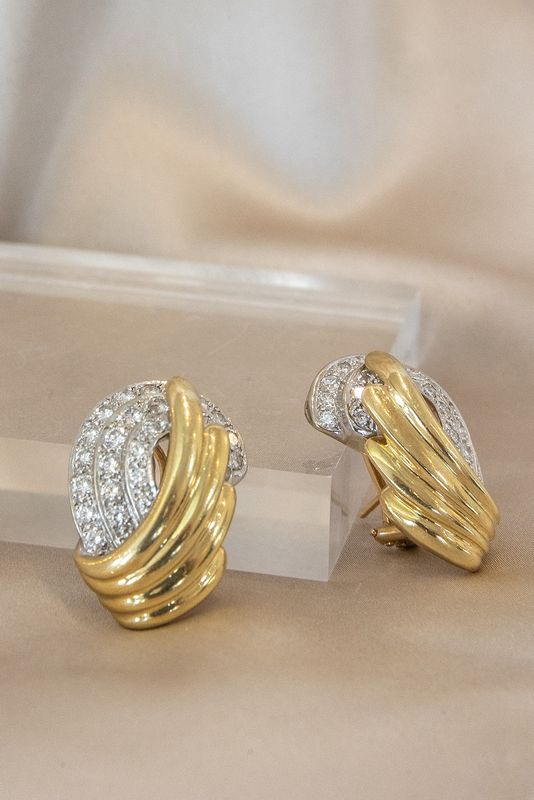 18k Yellow &amp; White Gold Pave Diamond Swirl Earrings
