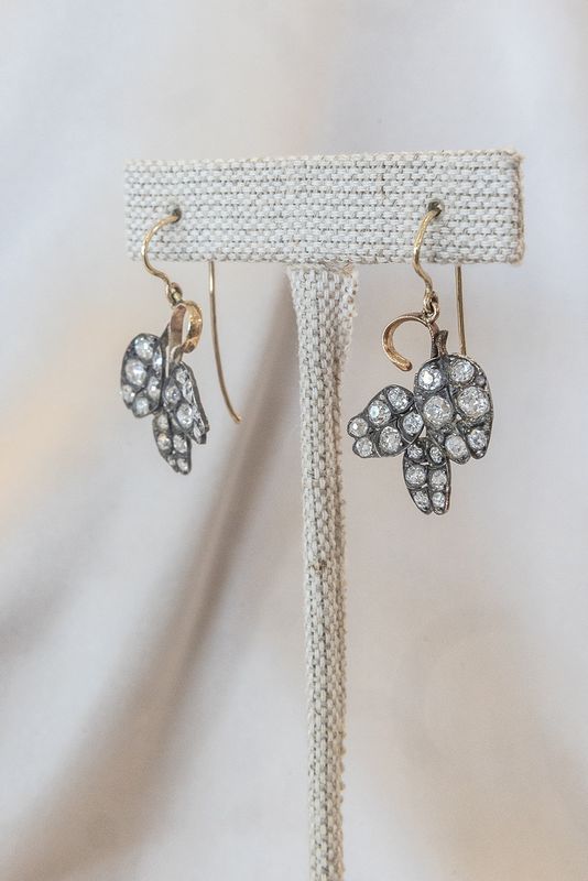 Sterling Silver &amp; 18k Yellow Gold Diamond Antique Earrings