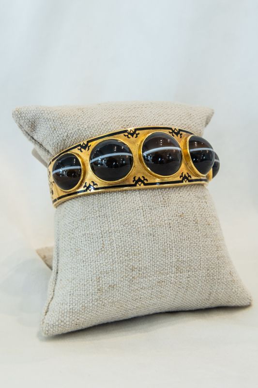 18K Yellow Gold Victorian Banded Agate &amp; Enamel Bangle