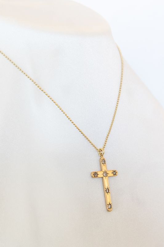18K Yellow Gold Reimagined Antique Rose Cut Diamond Cross Necklace