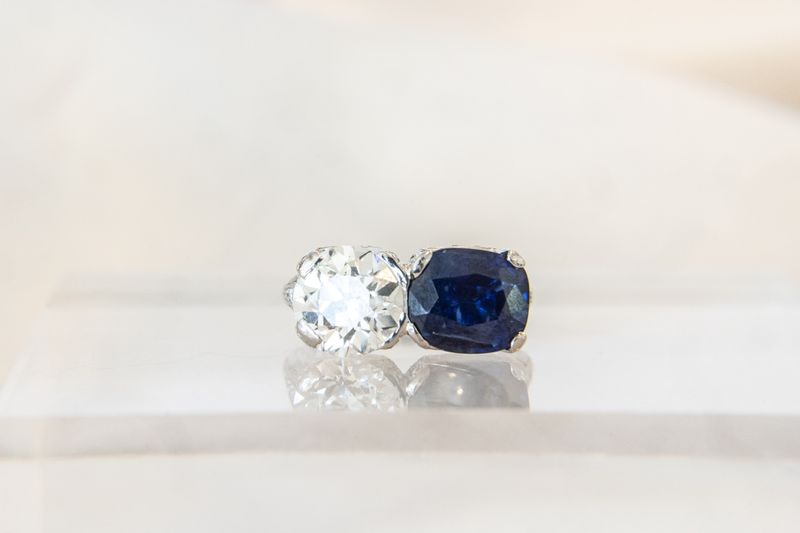 Platinum Old European Cut Diamond &amp; Cushion Cut Sapphire Twin Stone Art Deco Ring