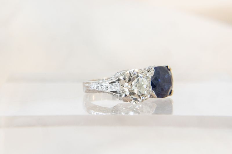 Platinum Old European Cut Diamond &amp; Cushion Cut Sapphire Twin Stone Art Deco Ring