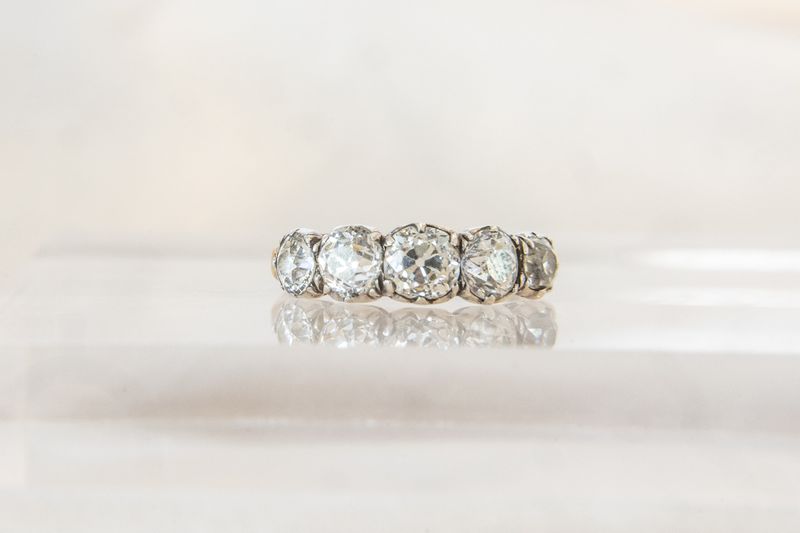 18K Yellow Gold &amp; Sterling Silver Antique Five Stone Old Mine Cut Diamond Ring