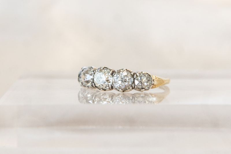 18K Yellow Gold &amp; Sterling Silver Antique Five Stone Old Mine Cut Diamond Ring