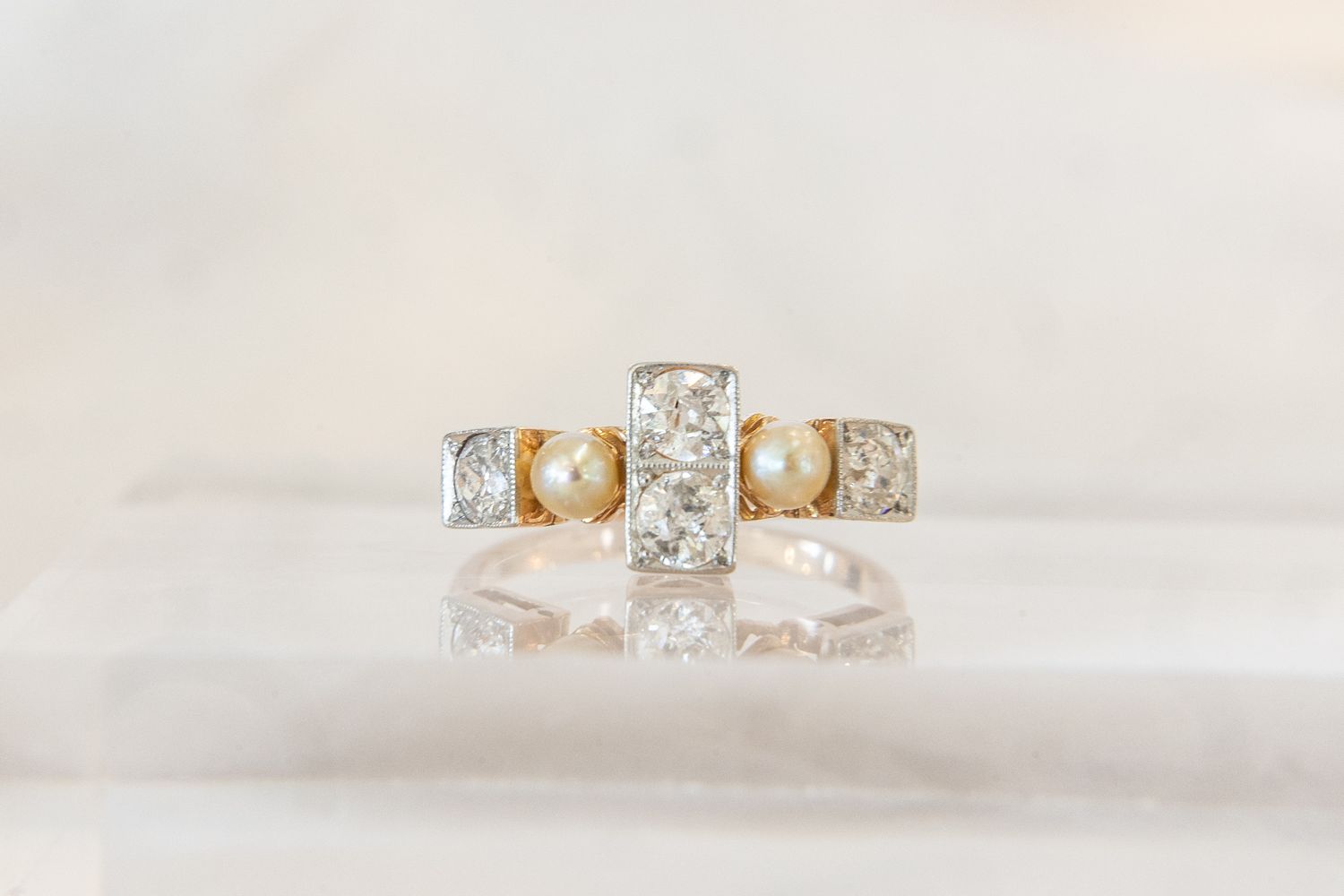 14K Yellow Gold &amp; Platinum Old European Cut Diamond &amp; Pearl Victorian Ring