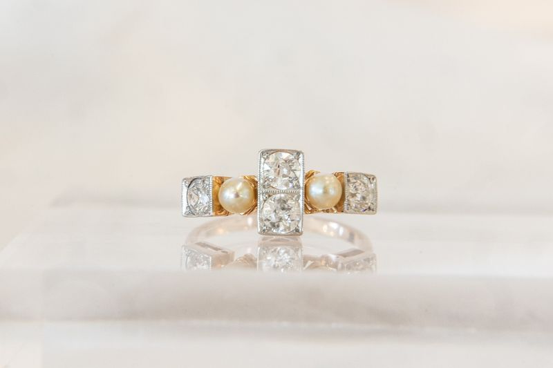 14K Yellow Gold &amp; Platinum Old European Cut Diamond &amp; Pearl Victorian Ring