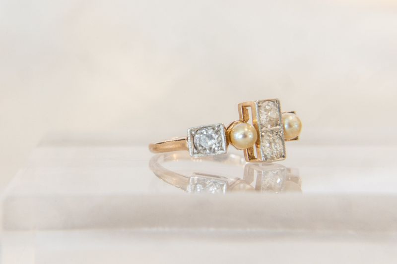 14K Yellow Gold &amp; Platinum Old European Cut Diamond &amp; Pearl Victorian Ring