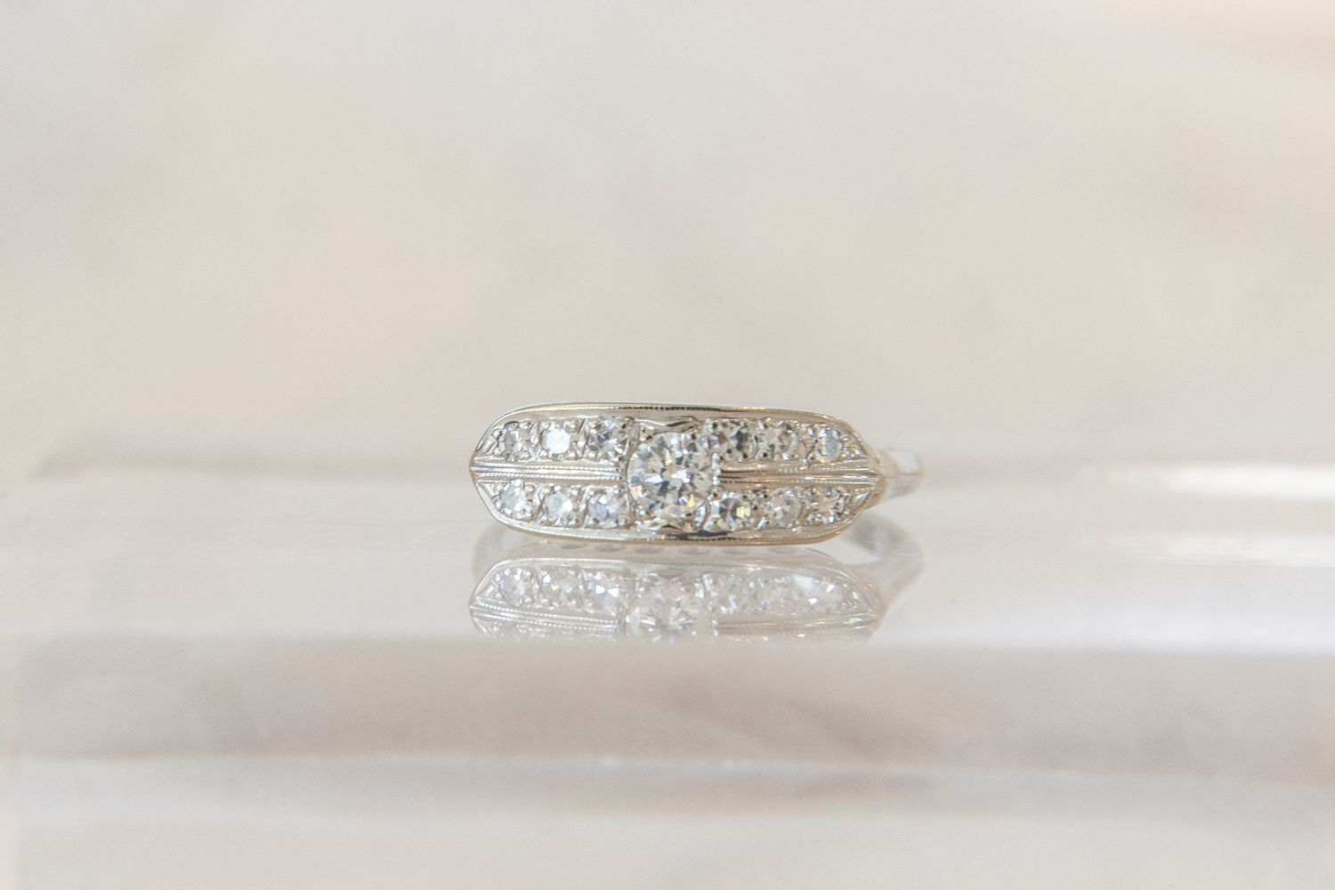 14K White Gold Art Deco Old European Cut Diamond Ring