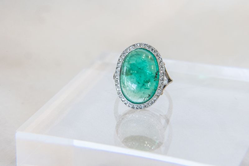 Platinum Art Deco Cabochon Emerald &amp; Diamond Ring