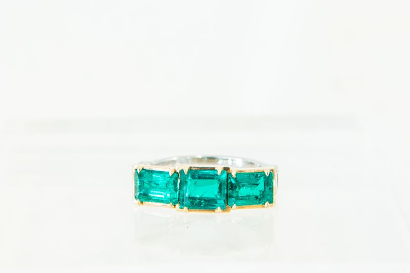 18K Yellow Gold &amp; Platinum Three Stone Emerald Ring
