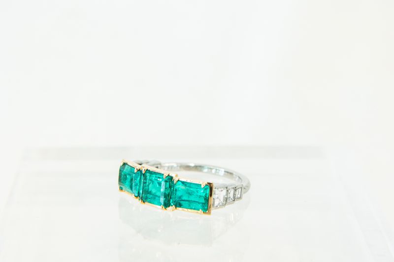 18K Yellow Gold &amp; Platinum Three Stone Emerald Ring