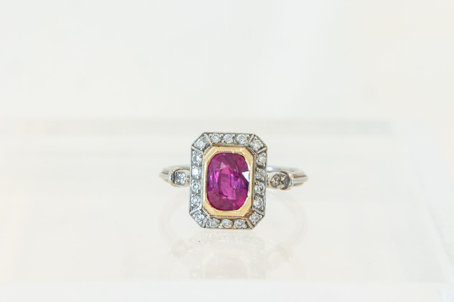 18K Yellow Gold &amp; Platinum Cushion Cut Ruby &amp; Diamond Art Deco Ring