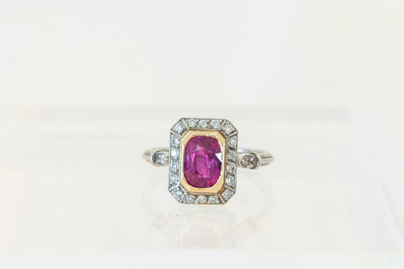 18K Yellow Gold &amp; Platinum Cushion Cut Ruby &amp; Diamond Art Deco Ring