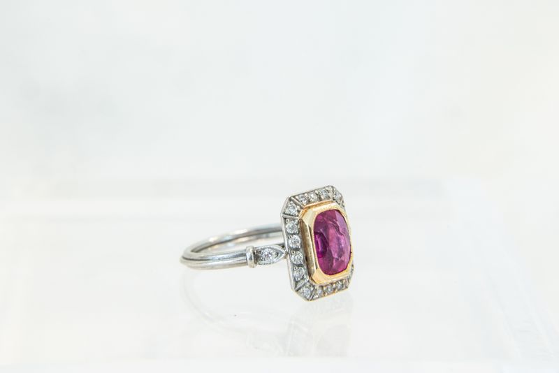 18K Yellow Gold &amp; Platinum Cushion Cut Ruby &amp; Diamond Art Deco Ring