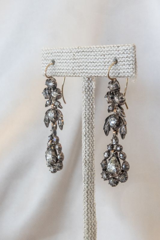 Sterling Silver &amp; Yellow Gold Pear-Shaped Long Rose-Cut Diamond Georgian Dangle Earrings