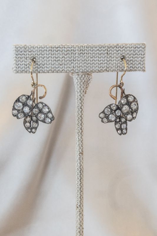 Sterling Silver &amp; 18k Yellow Gold Diamond Antique Earrings