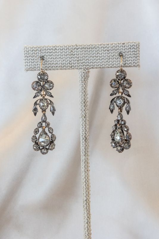 Sterling Silver &amp; Yellow Gold Pear-Shaped Long Rose-Cut Diamond Georgian Dangle Earrings