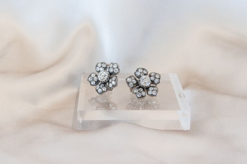 Sterling Silver &amp; Diamond Five Petal Victorian Cluster Studs