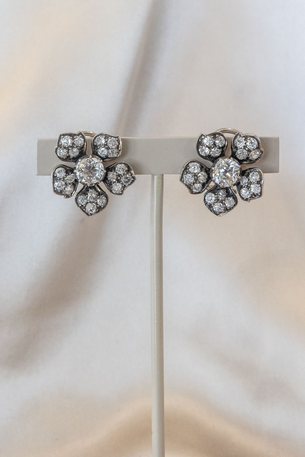 Sterling Silver &amp; Diamond Five Petal Victorian Cluster Studs
