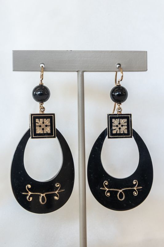 18k Yellow Gold Victorian Onyx Hoop Earrings with Gold &amp; Enamel Tracery Surmounts