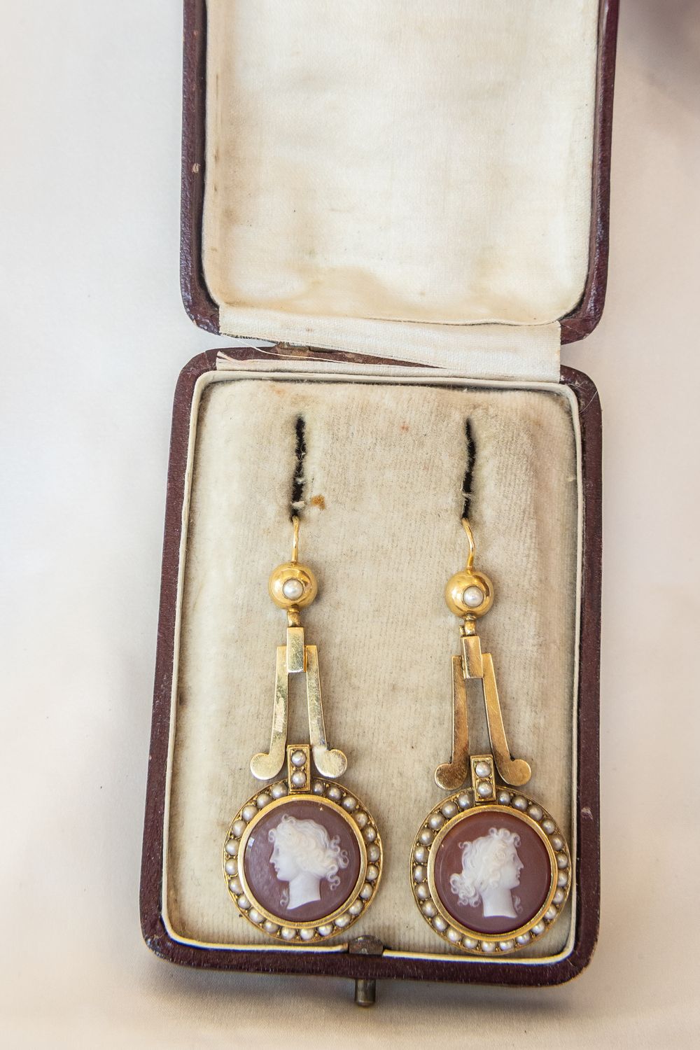 Victorian 18K Yellow Gold Pearl Cameo Drop Earrings
