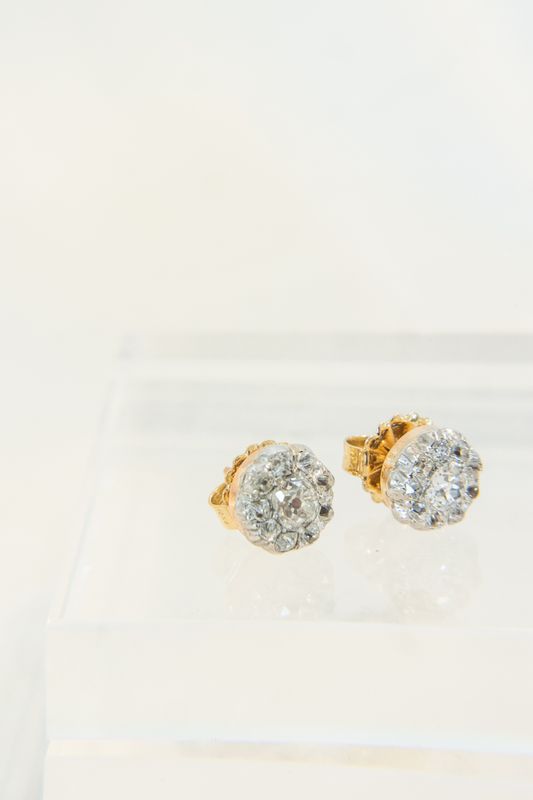 18K Yellow Gold Silver Topped Old Mine Cut Diamond Cluster Style Earrings