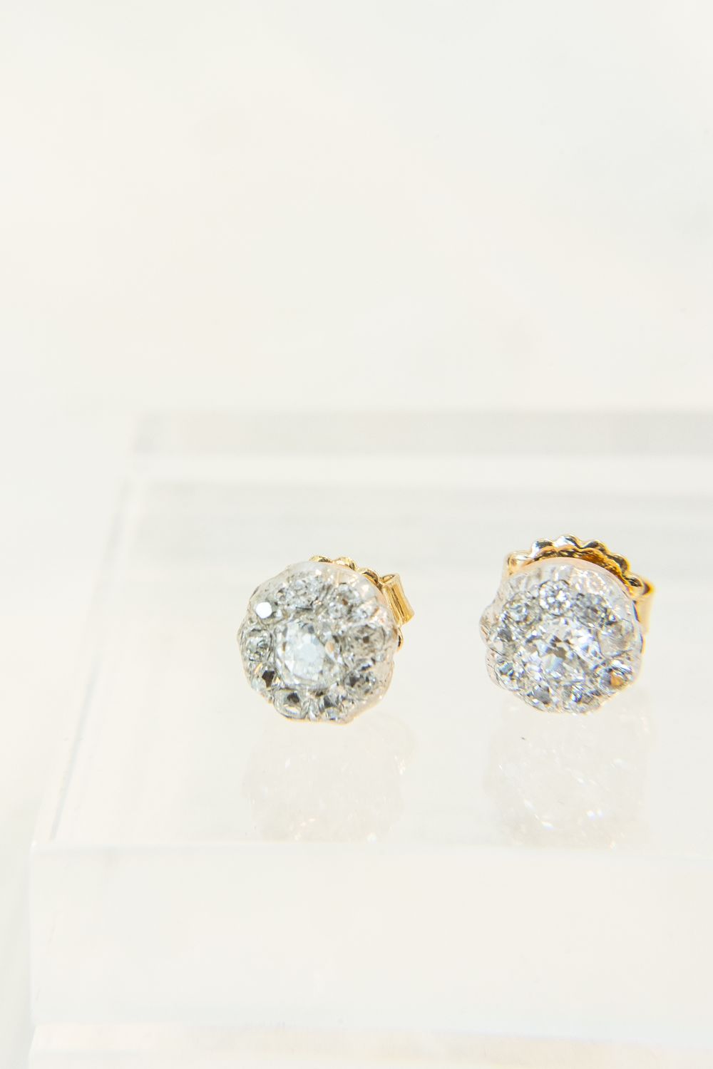 18K Yellow Gold Silver Topped Old Mine Cut Diamond Cluster Style Earrings