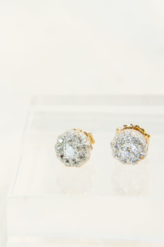 18K Yellow Gold Silver Topped Old Mine Cut Diamond Cluster Style Earrings