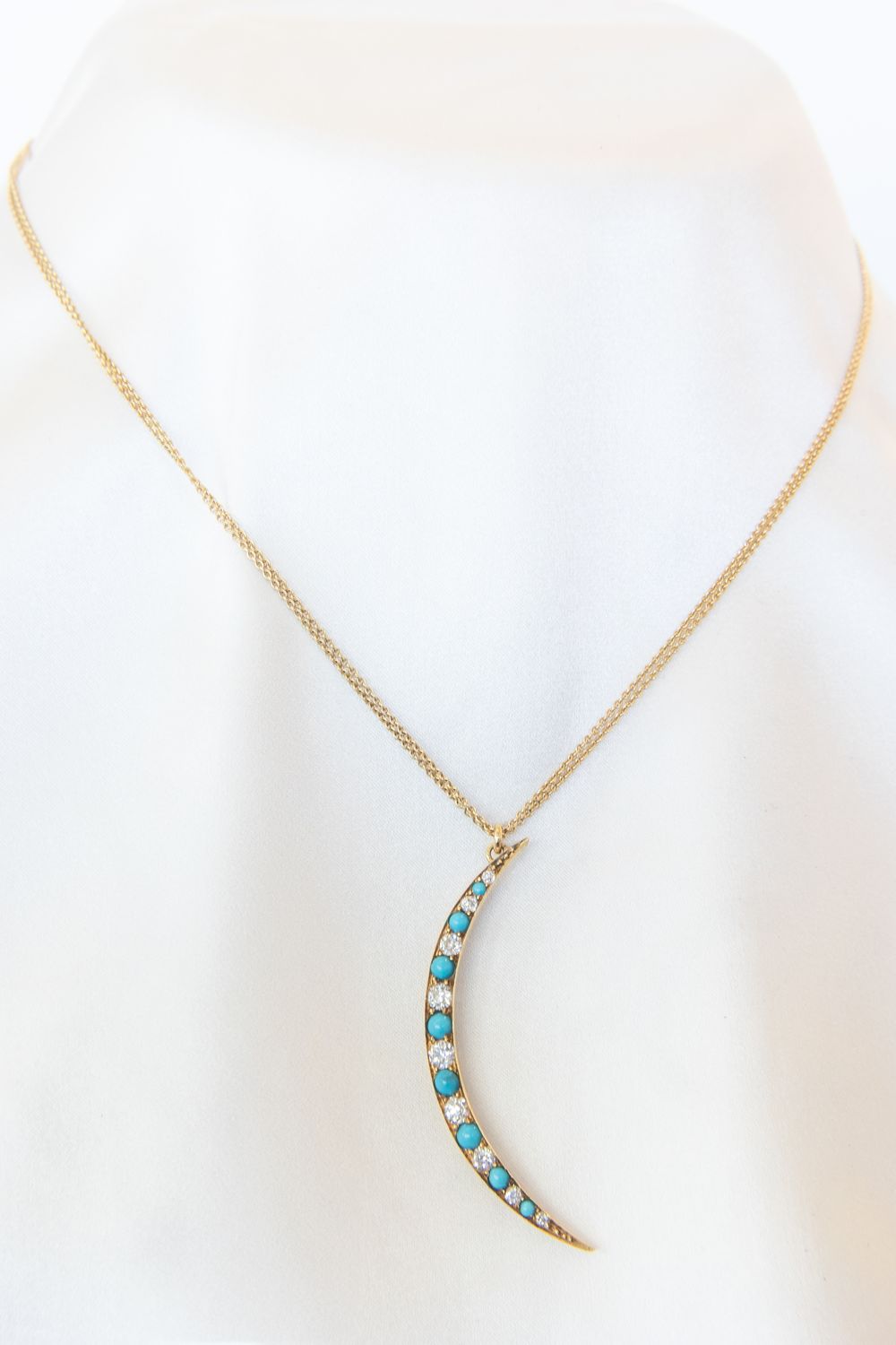 18K Yellow Gold Antique Diamond Turquoise Crescent Pendant