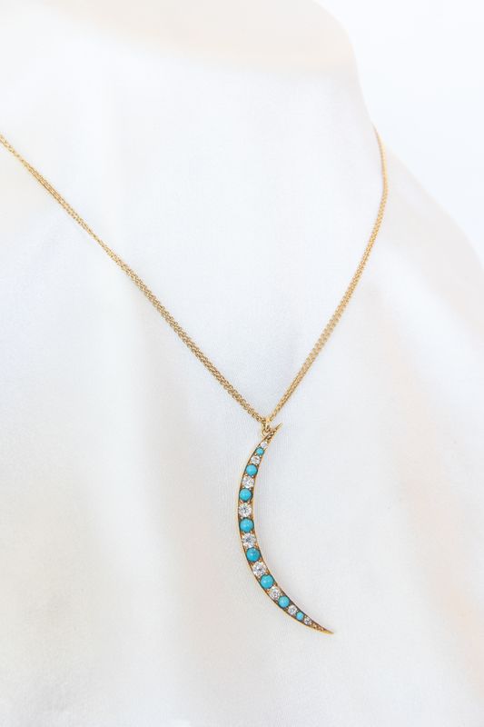 18K Yellow Gold Antique Diamond Turquoise Crescent Pendant