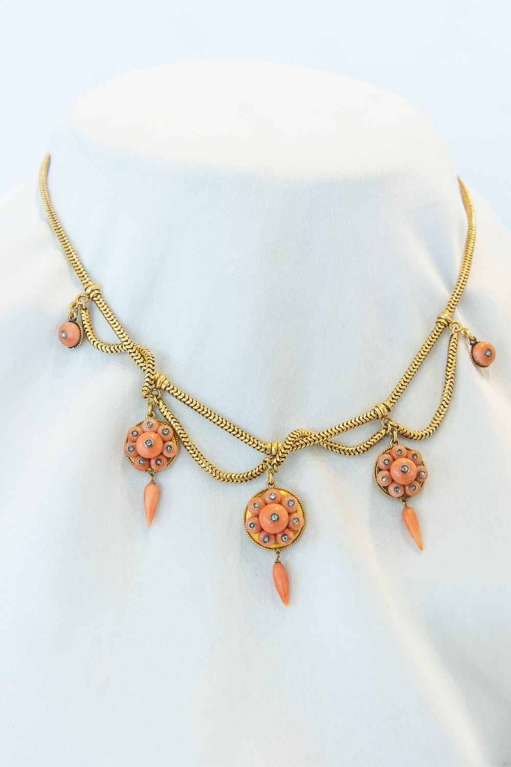 18K Yellow Gold Coral &amp; Diamond Antique Swag Necklace