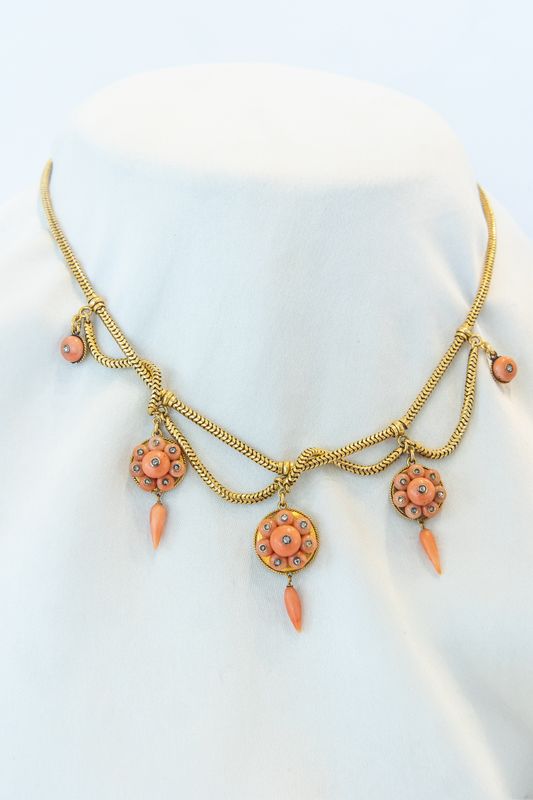 18K Yellow Gold Coral &amp; Diamond Antique Swag Necklace