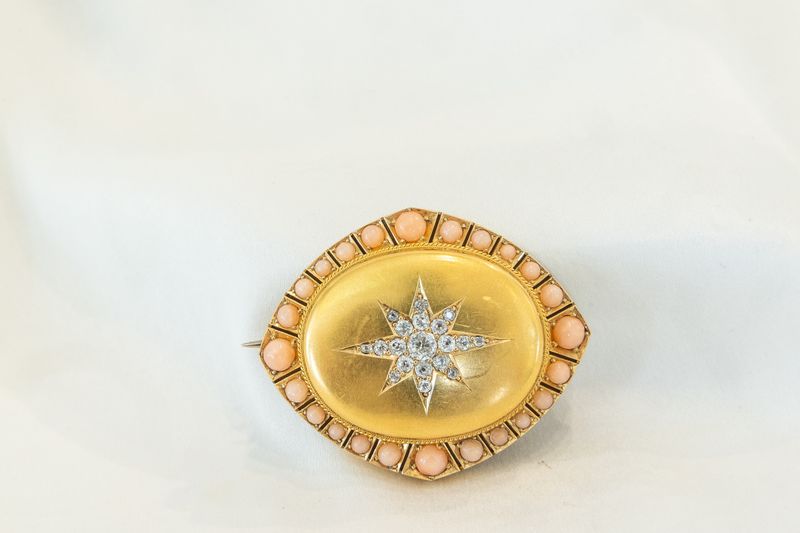 Coral, Diamond &amp; Gold Brooch