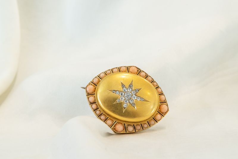 Coral, Diamond &amp; Gold Brooch