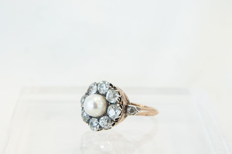 18K Yellow Gold Sterling Silver Pearl &amp; Old Mine Cut Diamond Ring
