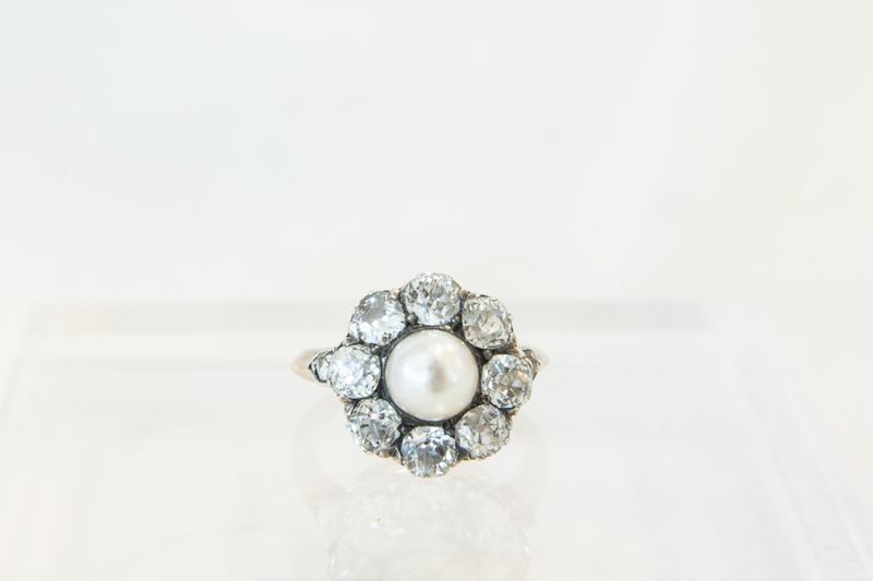 18K Yellow Gold Sterling Silver Pearl &amp; Old Mine Cut Diamond Ring