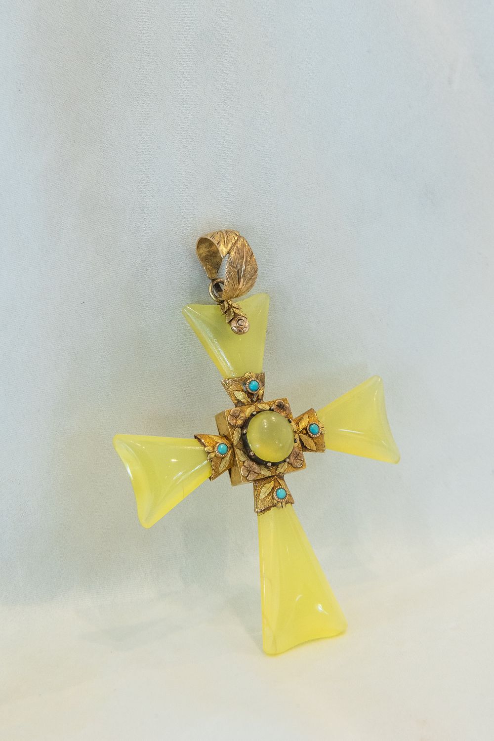 18K Yellow Gold Early Victorian Lemon Hued Chalcedony  Cross Pendant