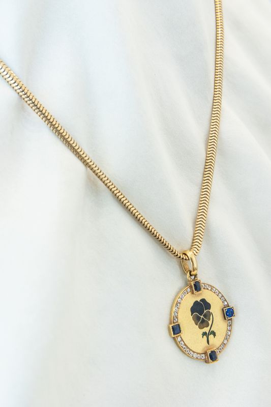 18K Yellow Gold Diamond &amp; Sapphire Plique-a-Jour Pendant (Pendant Only)