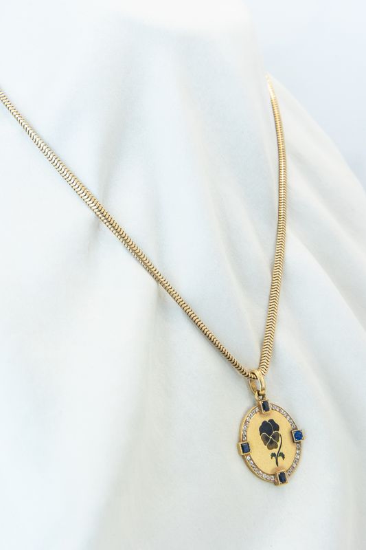 18K Yellow Gold Diamond &amp; Sapphire Plique-a-Jour Pendant (Pendant Only)