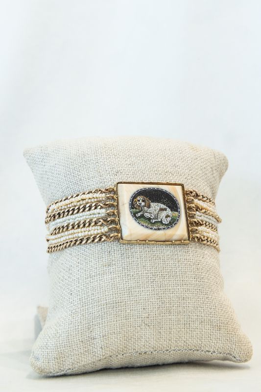 15K Yellow Gold &amp; Natural Pearl Micromosaic Dog Bracelet
