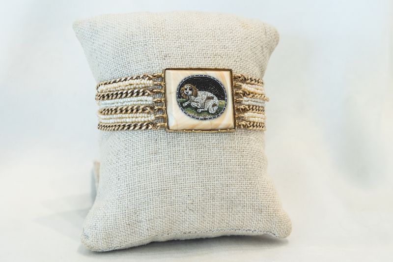 15K Yellow Gold &amp; Natural Pearl Micromosaic Dog Bracelet